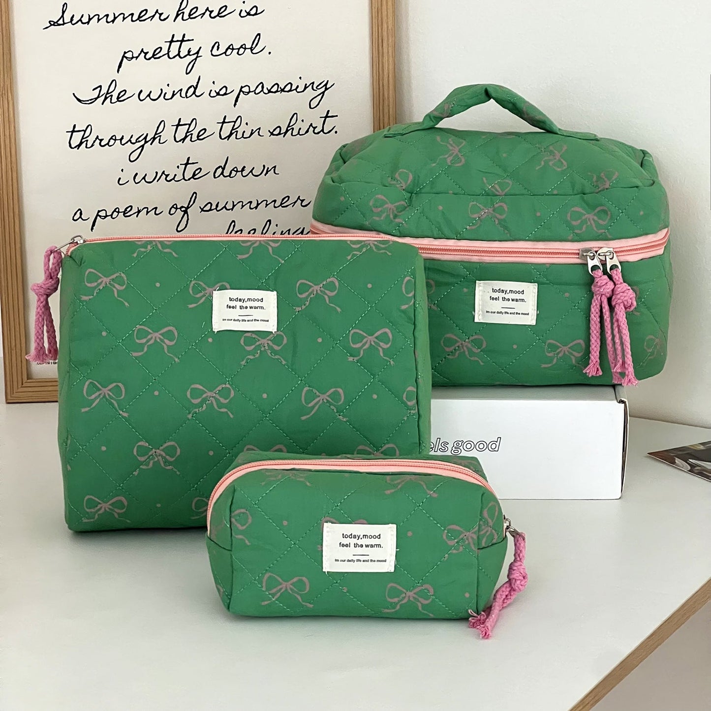 Bow Flower Large Capacity Makeup Bag Vintage Quilted Toiletry Pouch