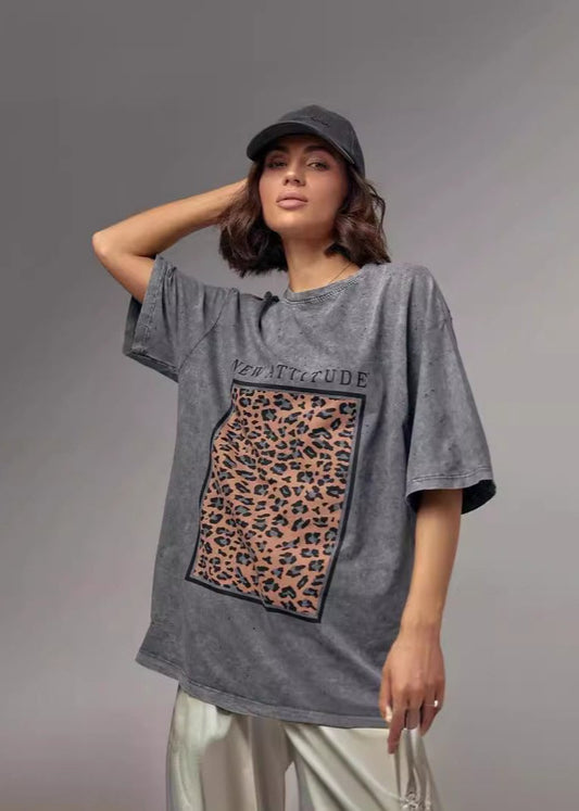Cotton Graphic Tee With Leopard Statement