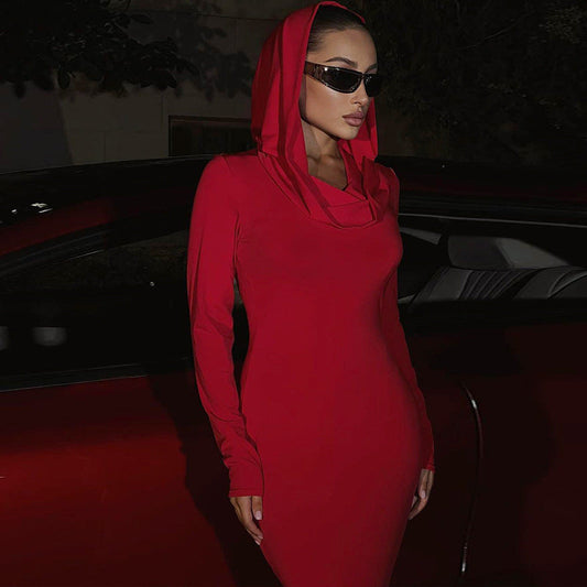 Elegant Red Hooded Long Sleeve Dress