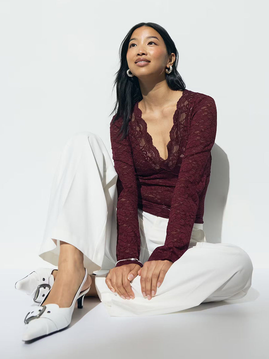 Lace V-Neck Long Sleeve Shirt Sexy Sheer Top