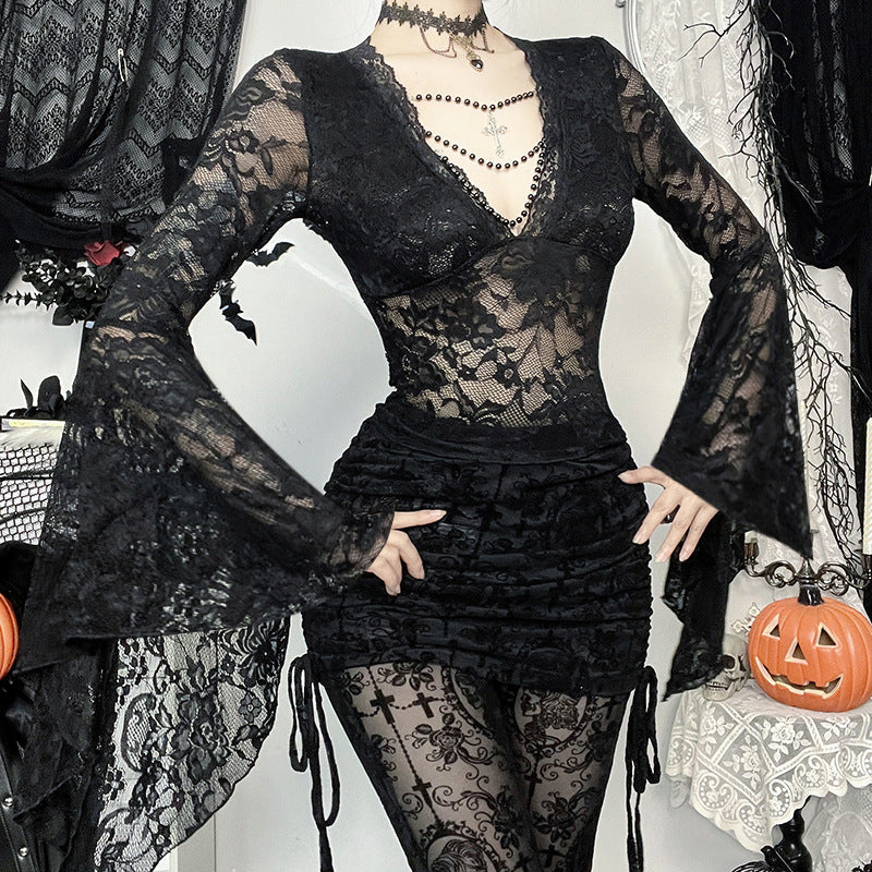 Black Lace V-Neck Top with Beaded Chain For Women