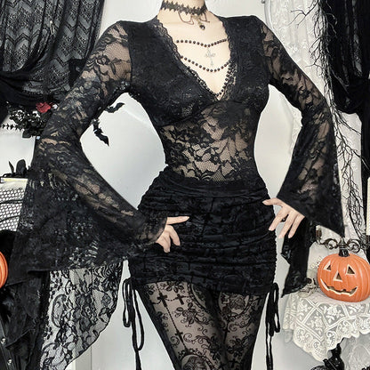 Black Lace V-Neck Top with Beaded Chain For Women
