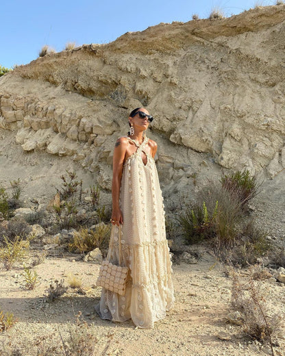 Fashionable Solid Color Maxi Dress with 3D Flower Embellishments