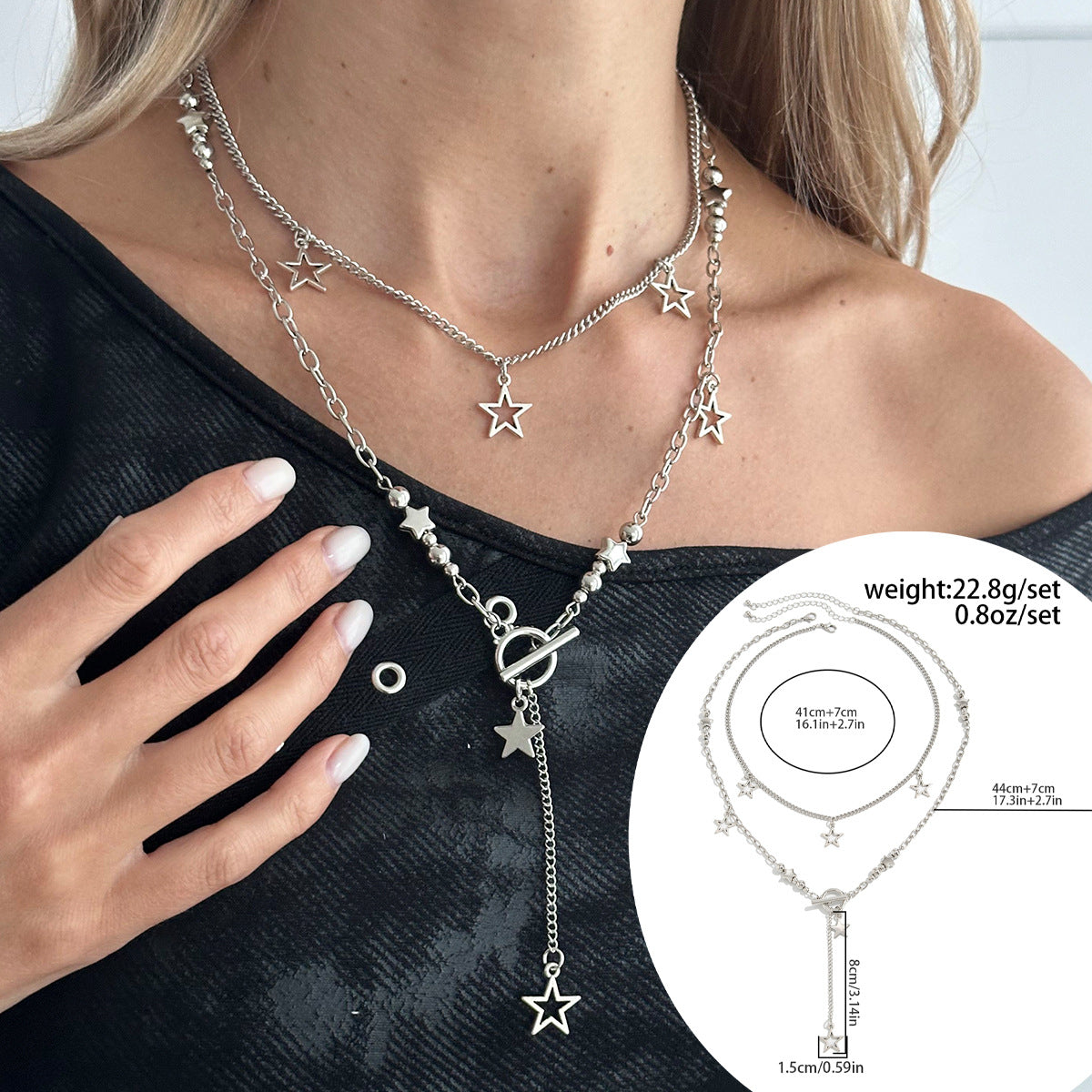 Hip Hop Star Pendant Necklace Set Trendy Ccb Beaded Metal Chain Jewelry