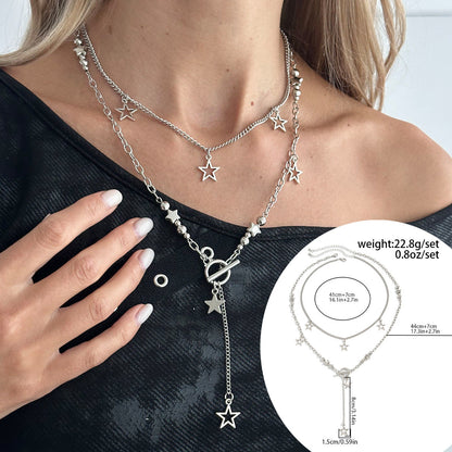 Hip Hop Star Pendant Necklace Set Trendy Ccb Beaded Metal Chain Jewelry