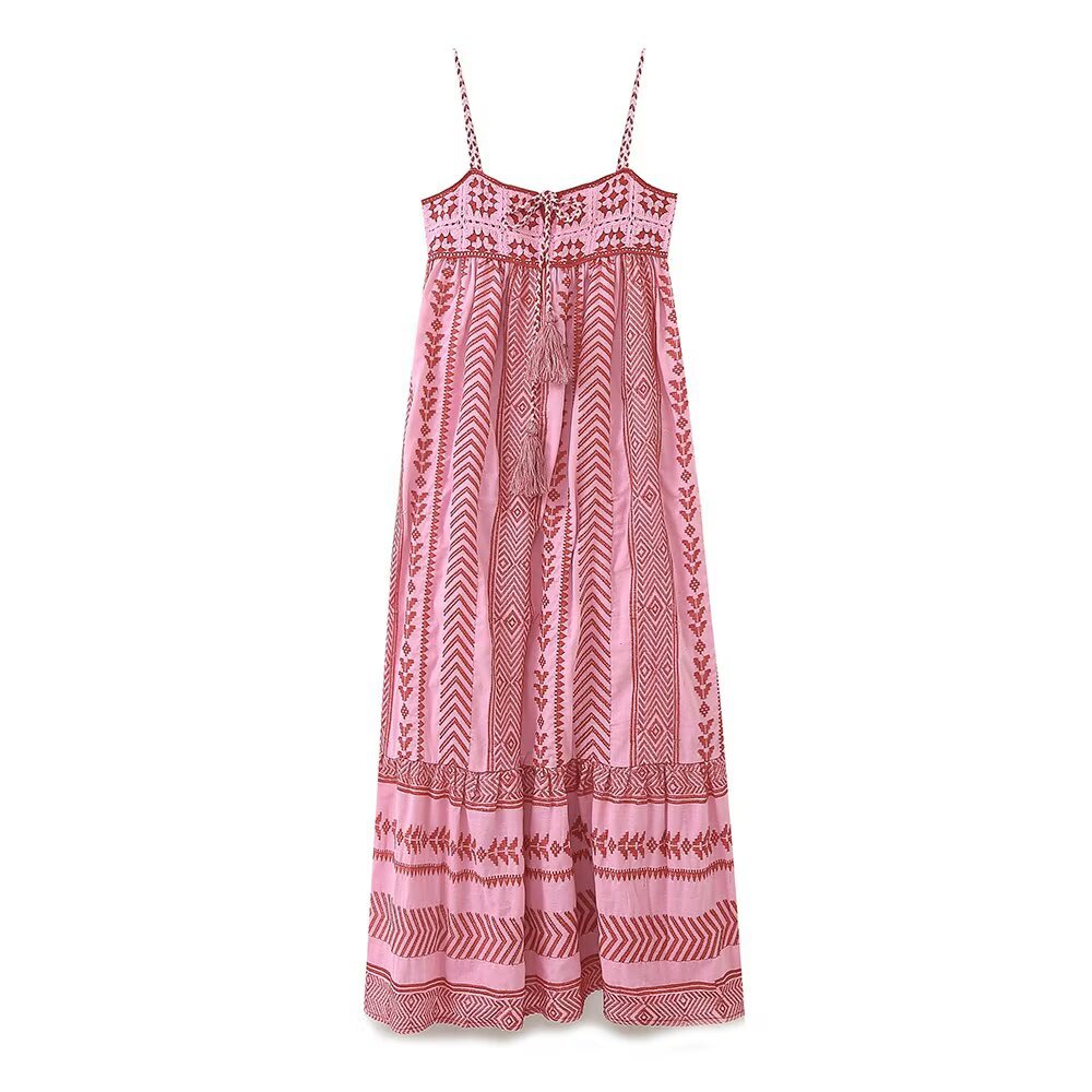 Color Block Embroider String Midi Dresses