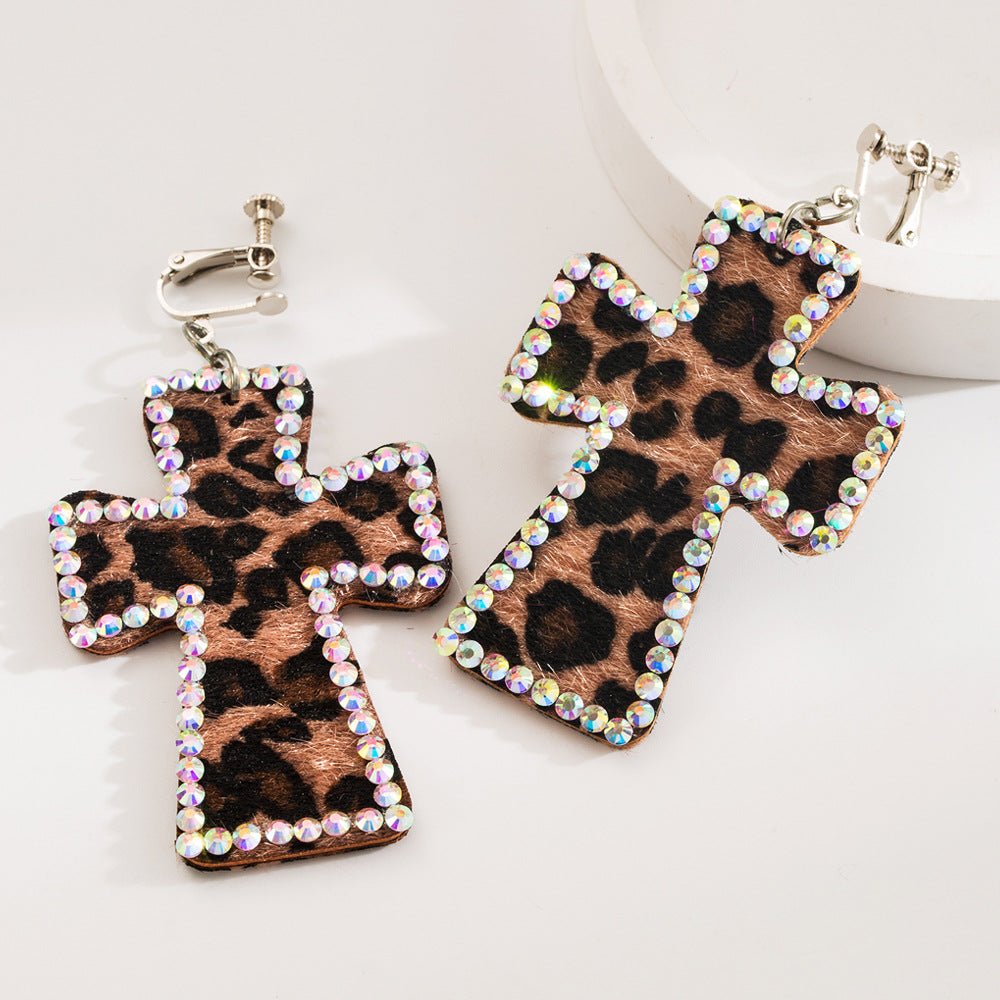 Trendy Y2K Cross Earrings Genuine Leather Leopard Print Geometric Style