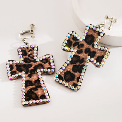 Trendy Y2K Cross Earrings Genuine Leather Leopard Print Geometric Style