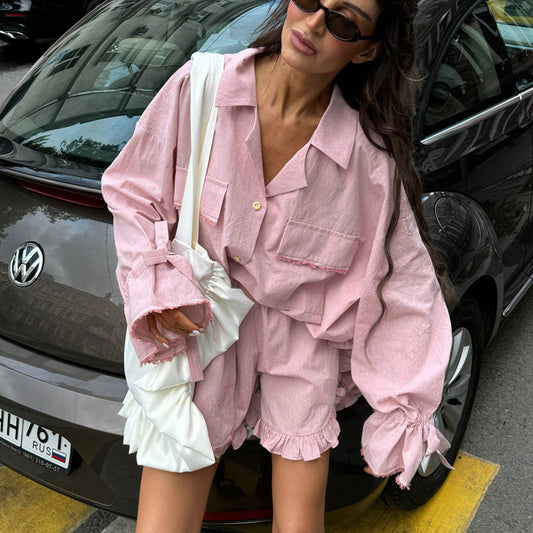 Fashionable Casual Two-Piece Set Women Cotton Ruffled Sleeves Cardigan Top with Shorts