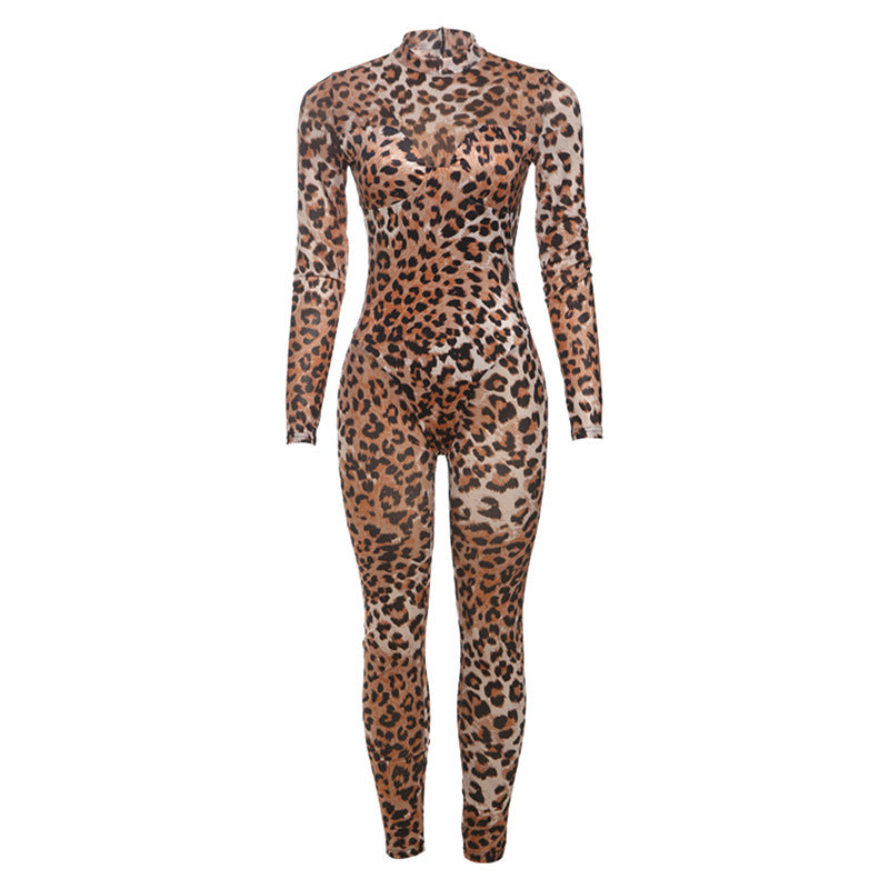 Fashionable Sexy Mesh Leopard Print Jumpsuit For Women