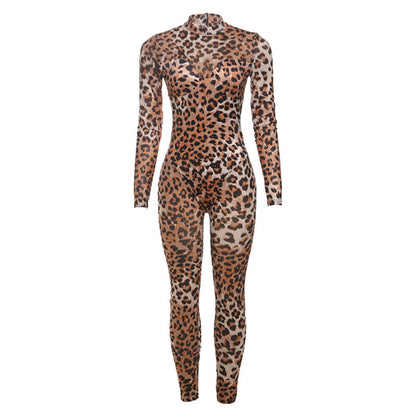 Fashionable Sexy Mesh Leopard Print Jumpsuit For Women