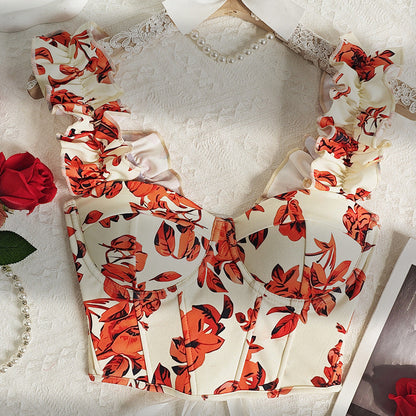 Floral Print Bow Tie Camisole Top Slim Fit Sweet Style