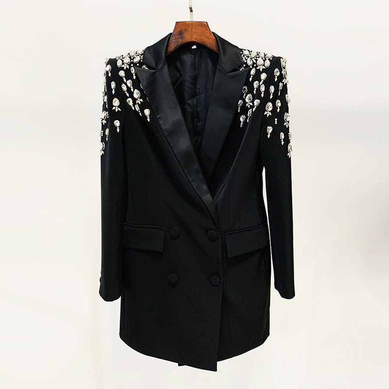 Chic Long Blazer With Beaded Embellishments