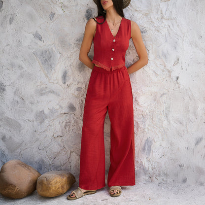 Casual Solid Color Cardigan and Wide-Leg Pants Set