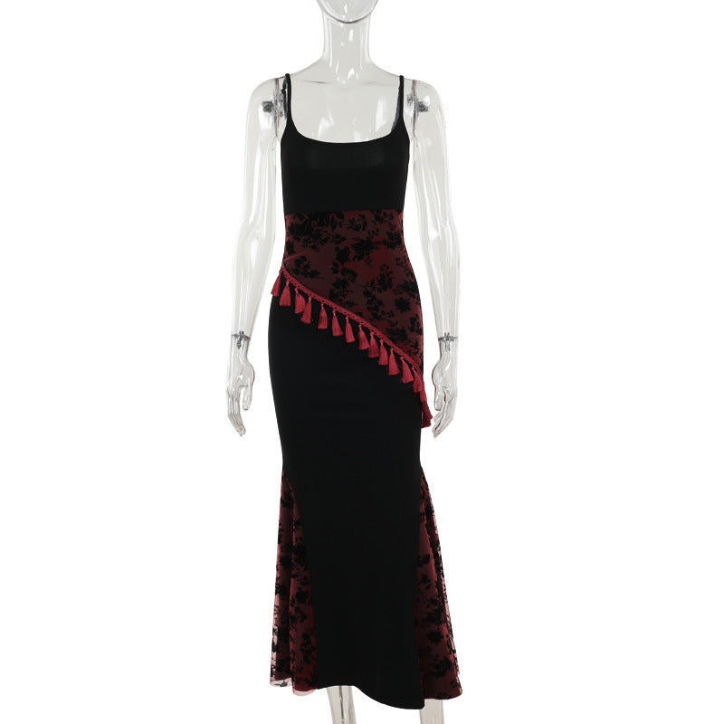 Black Floral Print Lace Trimmed Maxi Dress