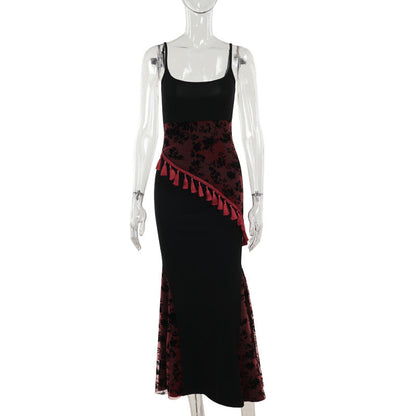 Black Floral Print Lace Trimmed Maxi Dress
