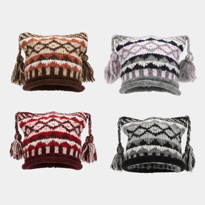 Boho Colorful Braided Tassel Knit Beanie Hat