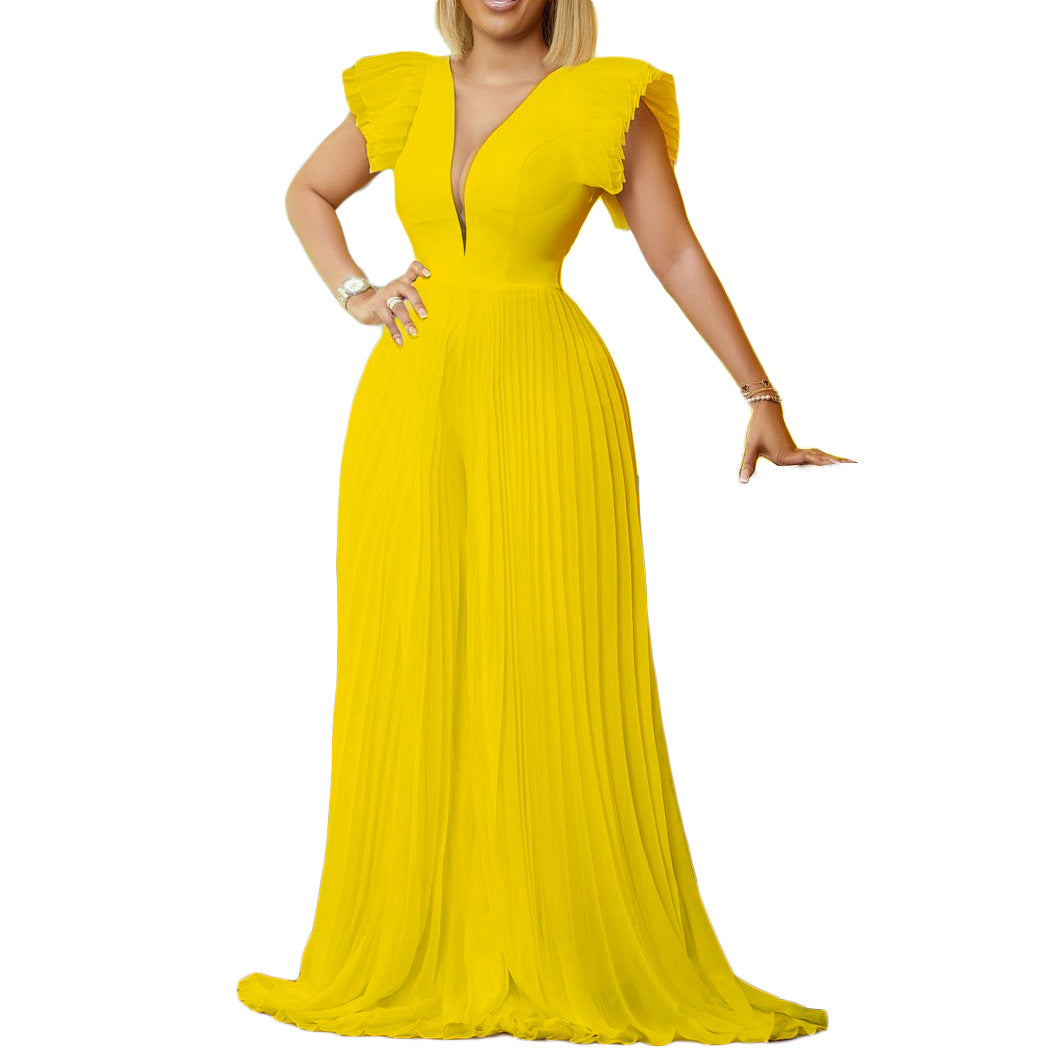 Elegant Deep V-Neck Pleated Wide-Leg Jumpsuit