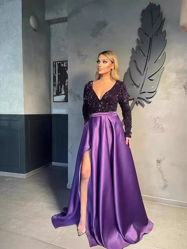 Sequin V-Neck Flared Long Dress With Side Slit