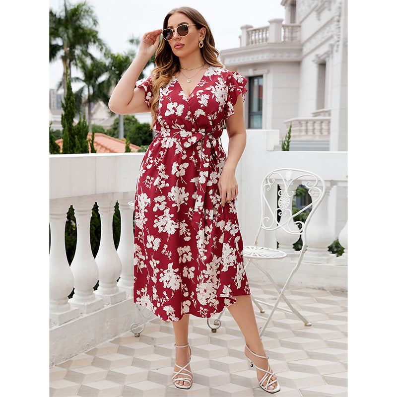 V-Neck Belted Midi Dress Red Floral Polyester Casual
