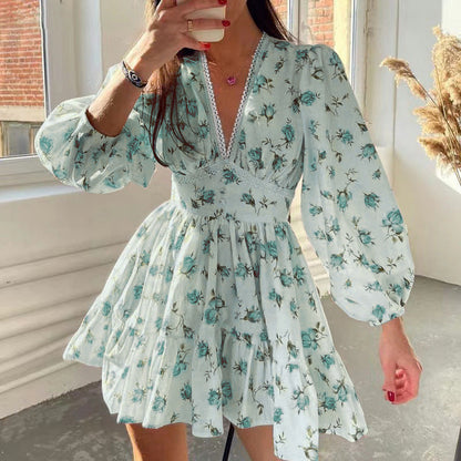 Floral Lace Short Dress With V-Neckline and Lantern Sleeves