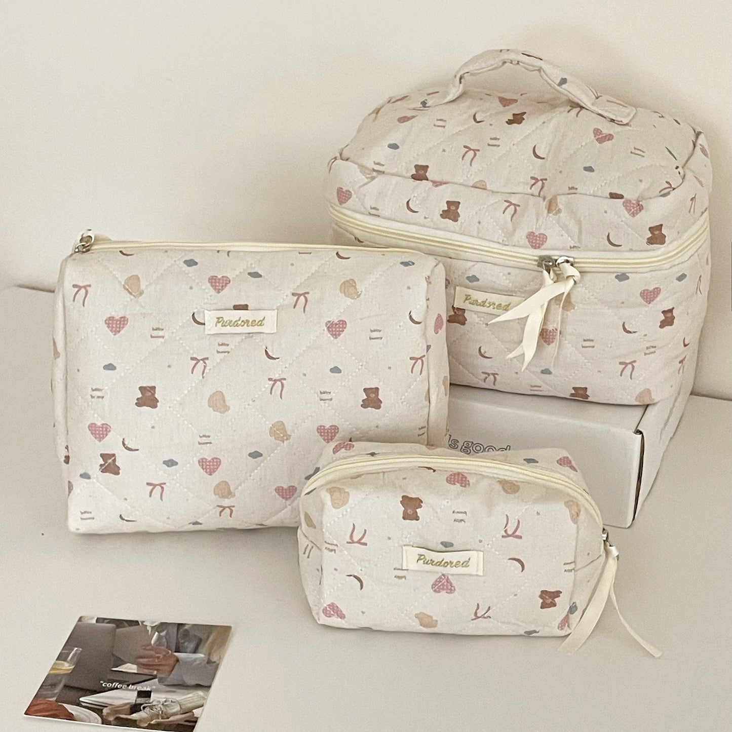 Bow Flower Large Capacity Makeup Bag Vintage Quilted Toiletry Pouch