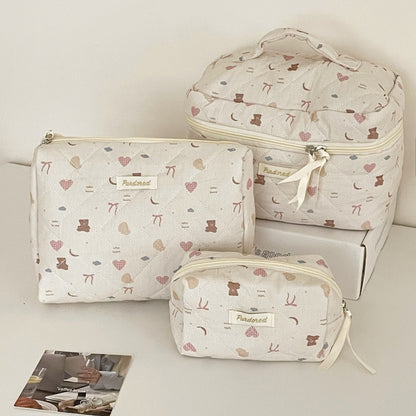 Bow Flower Large Capacity Makeup Bag Vintage Quilted Toiletry Pouch