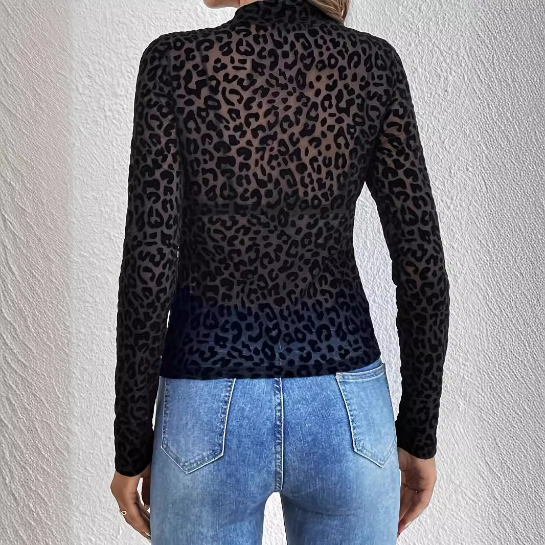 Black Leopard Print Sexy Mesh Top
