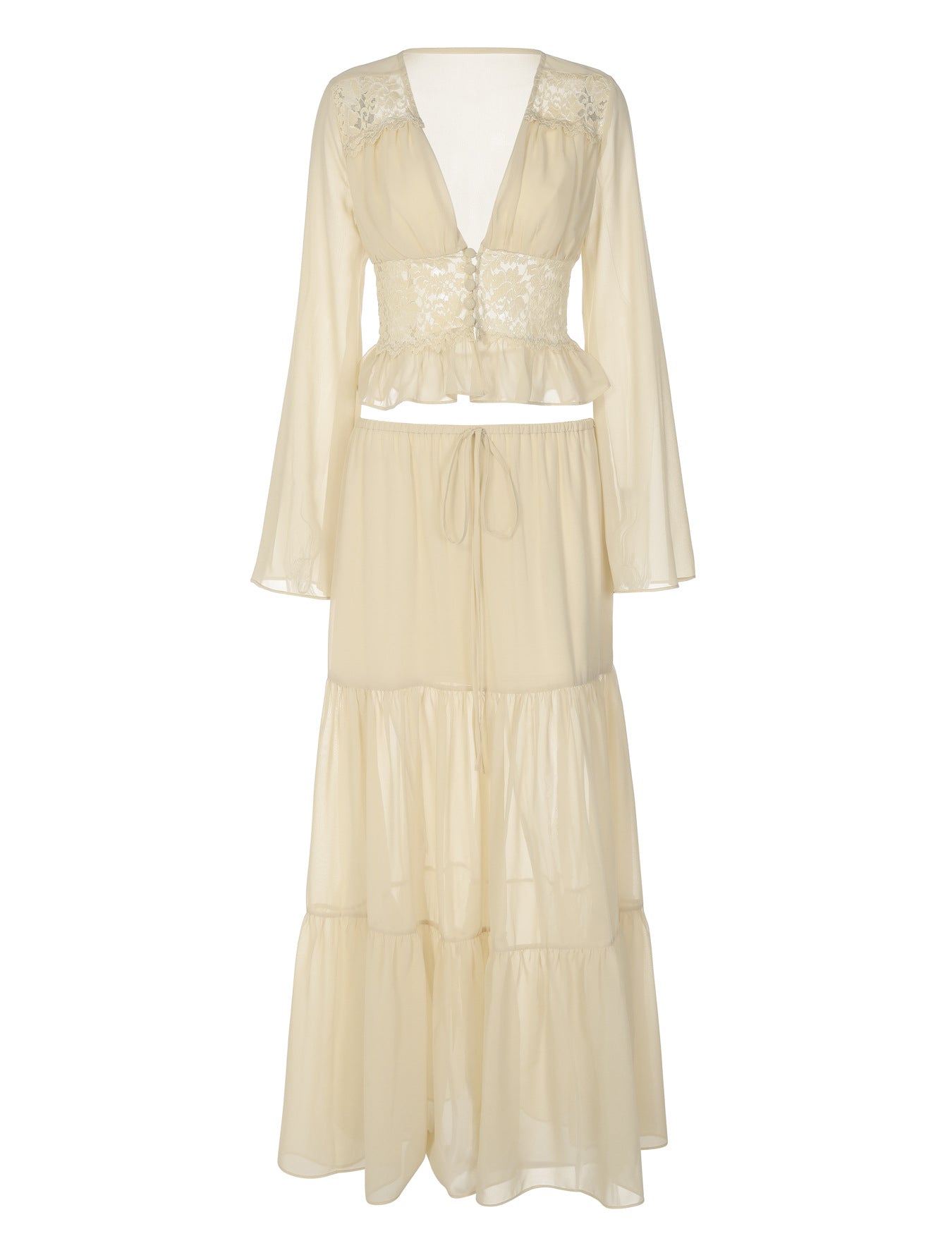 Fashionable French Lace Chiffon Cardigan Top with Tie Long Dress