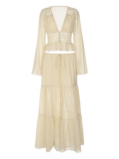 Fashionable French Lace Chiffon Cardigan Top with Tie Long Dress