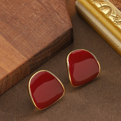 Burgundy Geometric Drip-Glaze Earrings With 925 Silver Pins