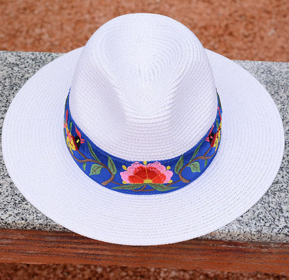 National Style Embroidered Hat Straw Hat Sun-Proof Visor Big Brim Summer Days Ladies National Hat