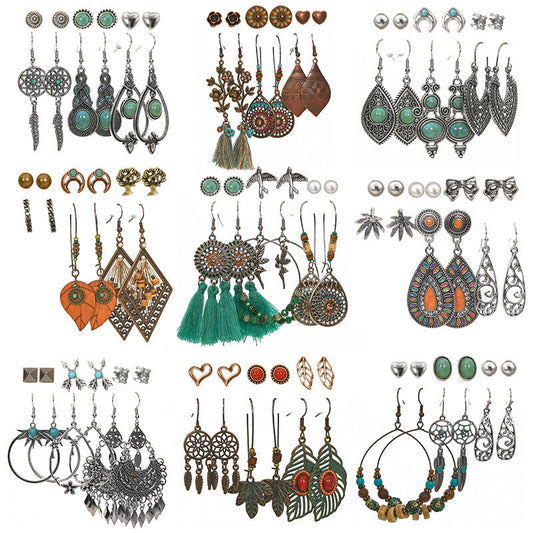 Geometric Alloy Tassel Earrings Set Vintage Style for Women