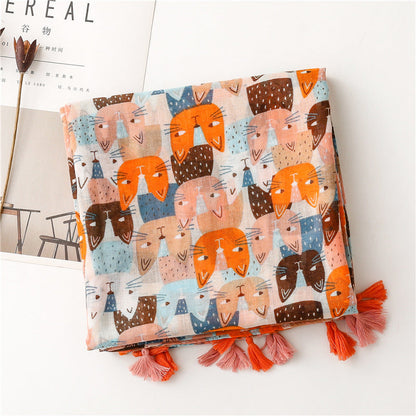 New Spring And Summer Fresh And Sweet Cartoon Cat Cotton And Hemp Scarf Balinese Thin Scarf Shawl