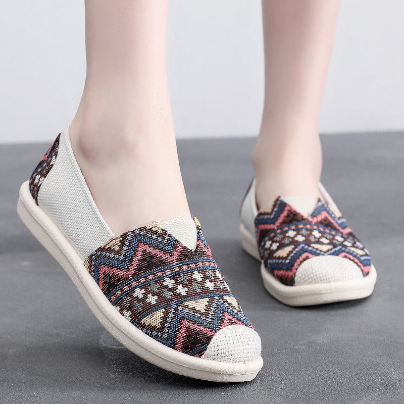 Ethnic Stripe Cloth Shoes Breathable Flat Sole Women'S Single Shoes With One Step Lazy Canvas Shoes