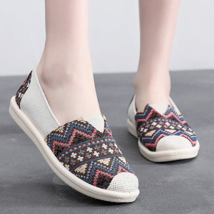 Ethnic Stripe Cloth Shoes Breathable Flat Sole Women'S Single Shoes With One Step Lazy Canvas Shoes
