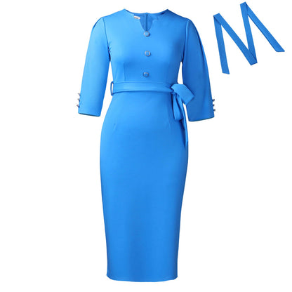 Elegant Solid Color Ol Dress With V-Neckline And Belt