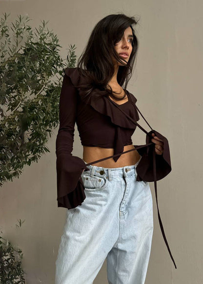 Ruffled Tie Front Long Sleeve Stretch Top