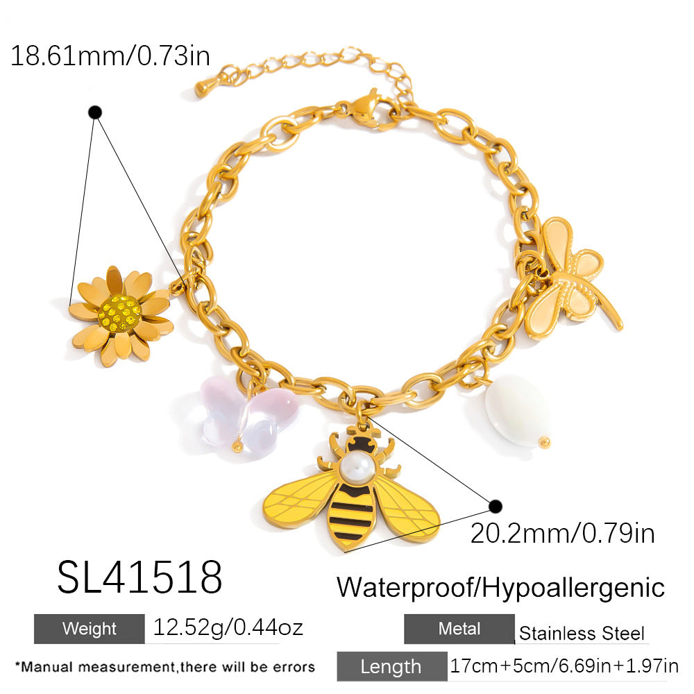 Stainless Steel Pearl Bracelet With Cherry And Bee Pendant