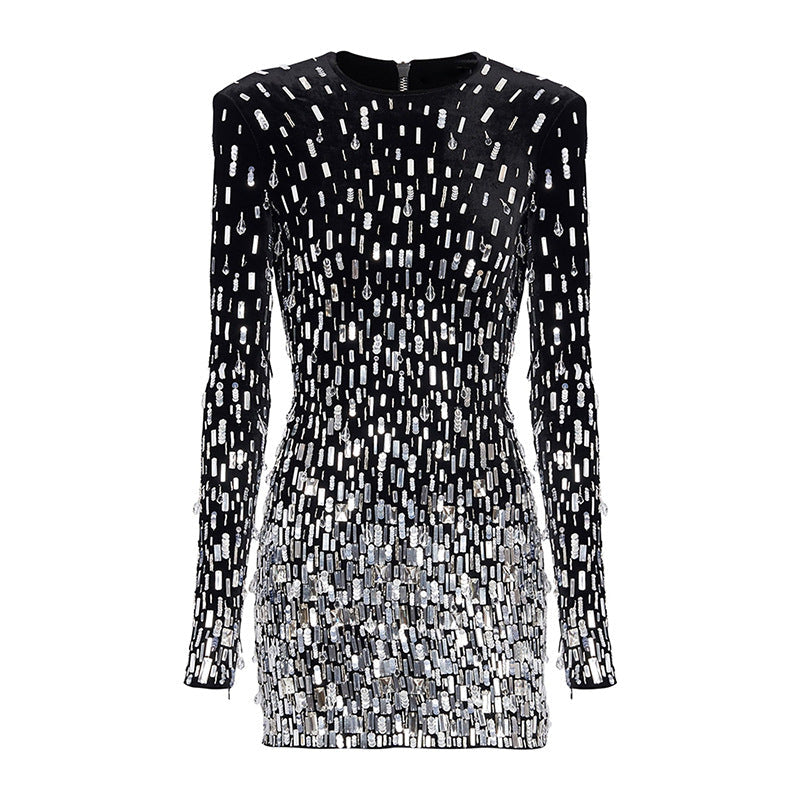 Sequined Velvet Long Sleeve Dress Casual