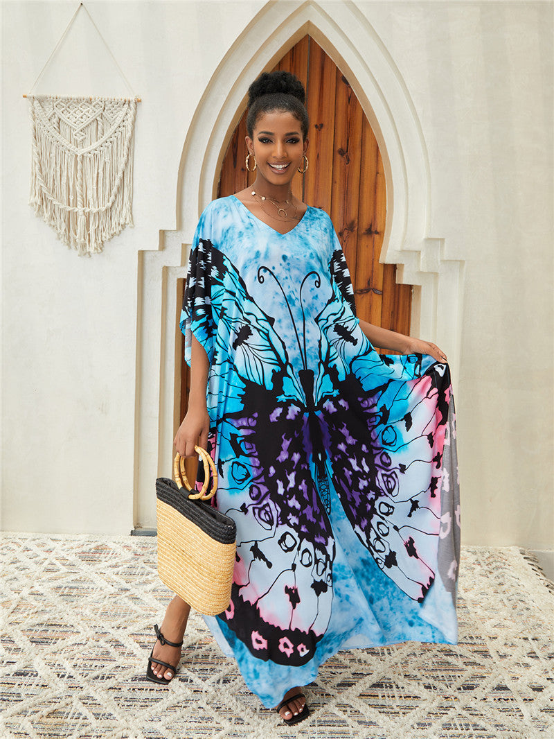 New Cotton Positioning Printed Beach Blouse, Robe-Style Holiday Sunscreen Shirt, Bikini Outer Blouse