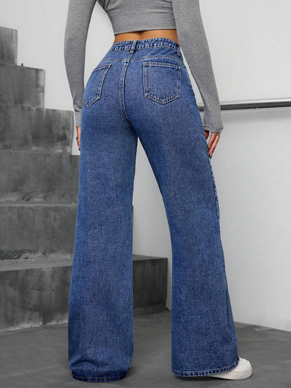 Casual Pearl High Waist Baggy Denim Pants