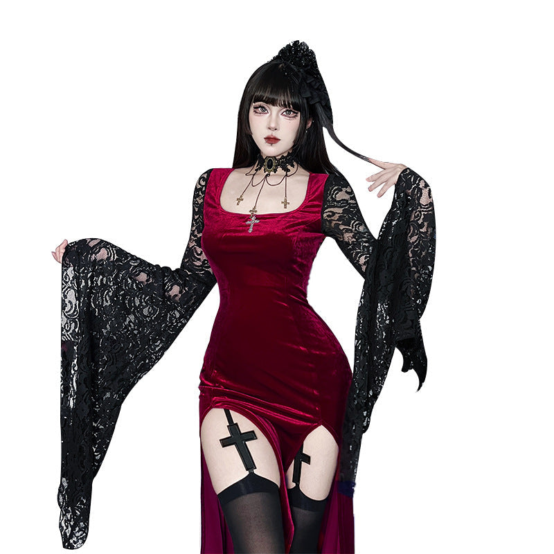 Lace Long Sleeve Slit Dress Gothic Style Party Dress