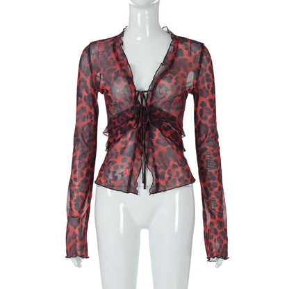 Fashionable Sheer Mesh Cardigan T-Shirt with Drawstring in Leopard Print Red