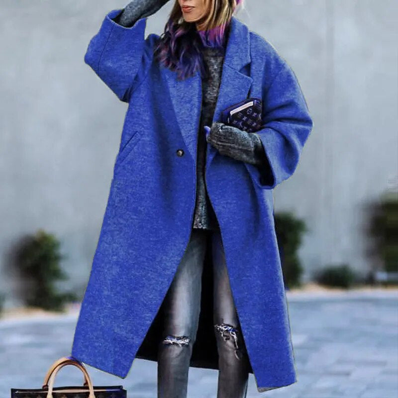 Classic Long Solid Color Wool Blend Coat For Women