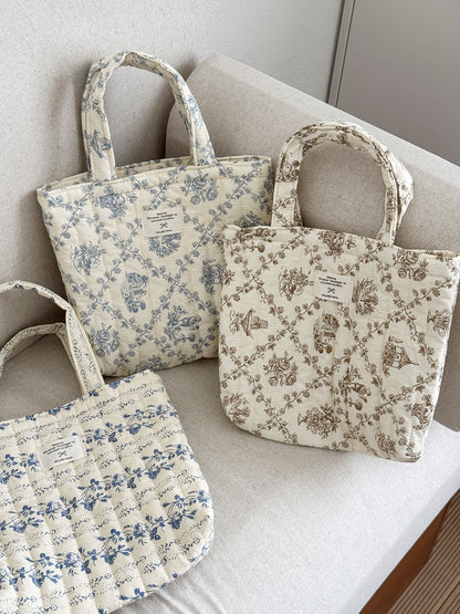 French Floral Handbag Vintage Soft Cotton Bag Casual Tote