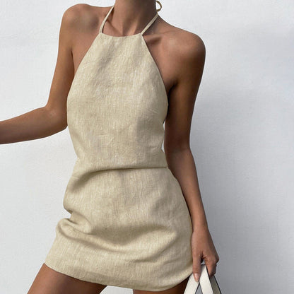 Backless Cotton Linen A-Line Dress with Halter Neck
