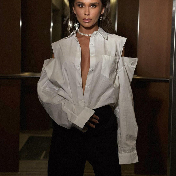 Chic White Long Sleeve Button-Up Shirt With Cold Shoulder