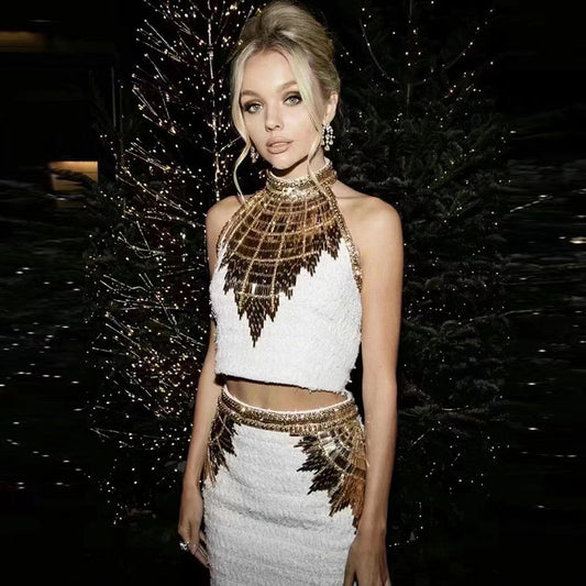 Fashionable Beaded Sequin Halter Neck Top And Mini Skirt Set