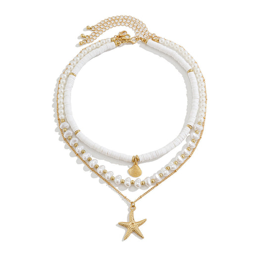 Trendy Pearl Bead Layered Necklace With Shells And Stars